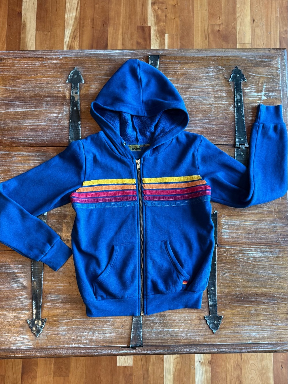 Aviator Nation Kids Blue Zip Hoodie with Yellow & Red Stripes